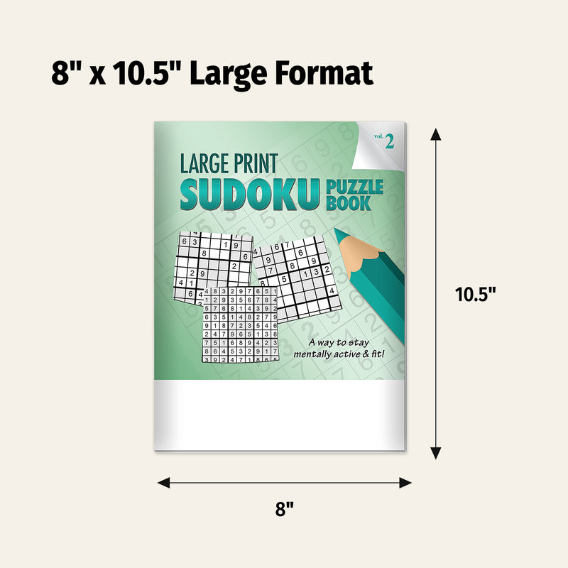 Large print Sudoku puzzle book with dimensions labeled on a white background