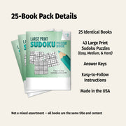 25-pack of large print Sudoku puzzle books with cover and text details.