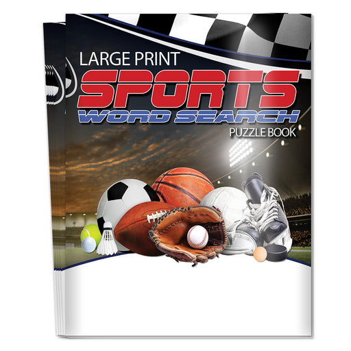 Sports-themed word search puzzle book with various sports equipment on a checkered background