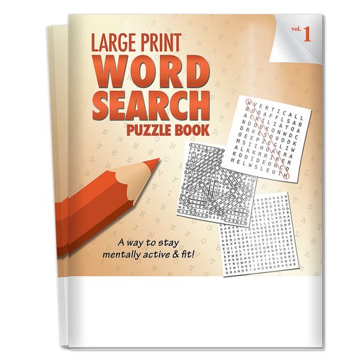 Large print word search puzzle book with a pencil illustration on a beige background