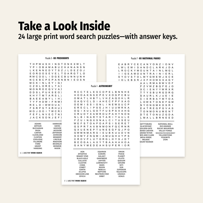 Two word search puzzles with answer keys on a white background