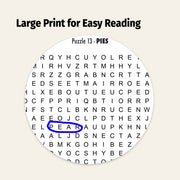 Circular word search puzzle with 'PEAR' circled, on a beige background.