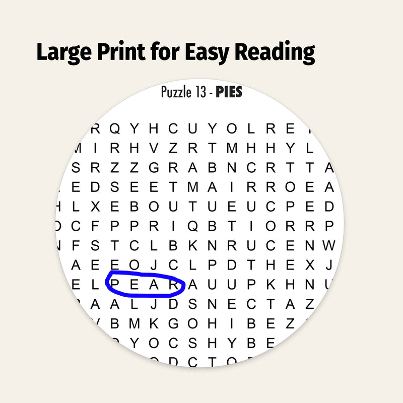 Circular word search puzzle with 'PEAR' circled, on a beige background.