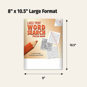 Large print word search puzzle book with dimensions labeled on a beige background