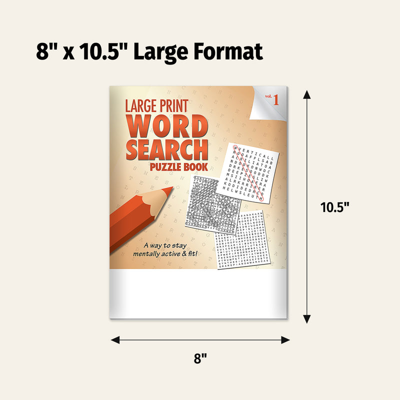 Large print word search puzzle book with dimensions labeled on a beige background