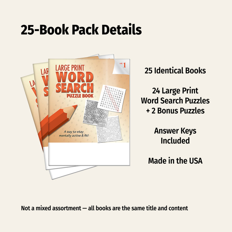 25-book pack of large print word search puzzle books with descriptive text on a white background
