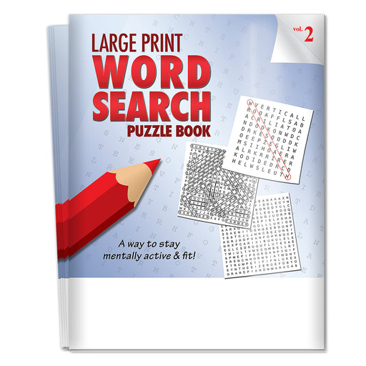 Book titled 'Large Print Word Search Puzzle Book' with a red pencil on a blue background