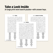 Three word search puzzles with answer keys on a white background