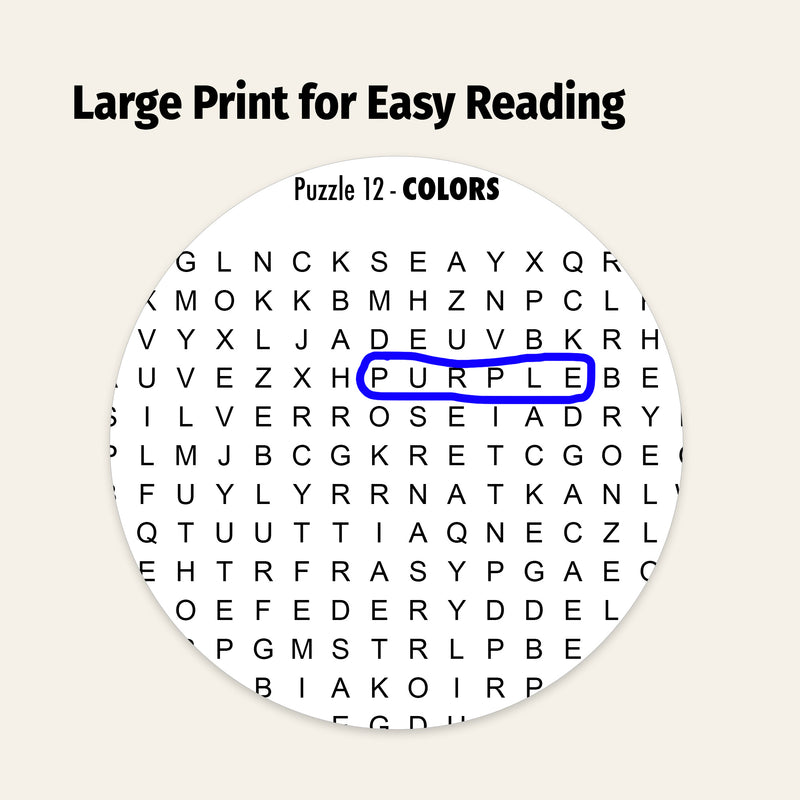 Circular word search puzzle with 'Purple' circled on a beige background