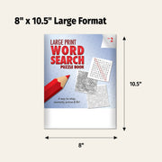 Large print word search puzzle book with dimensions labeled on a beige background