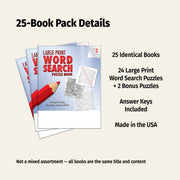 25-book pack of large print word search puzzle books with a pencil on a white background