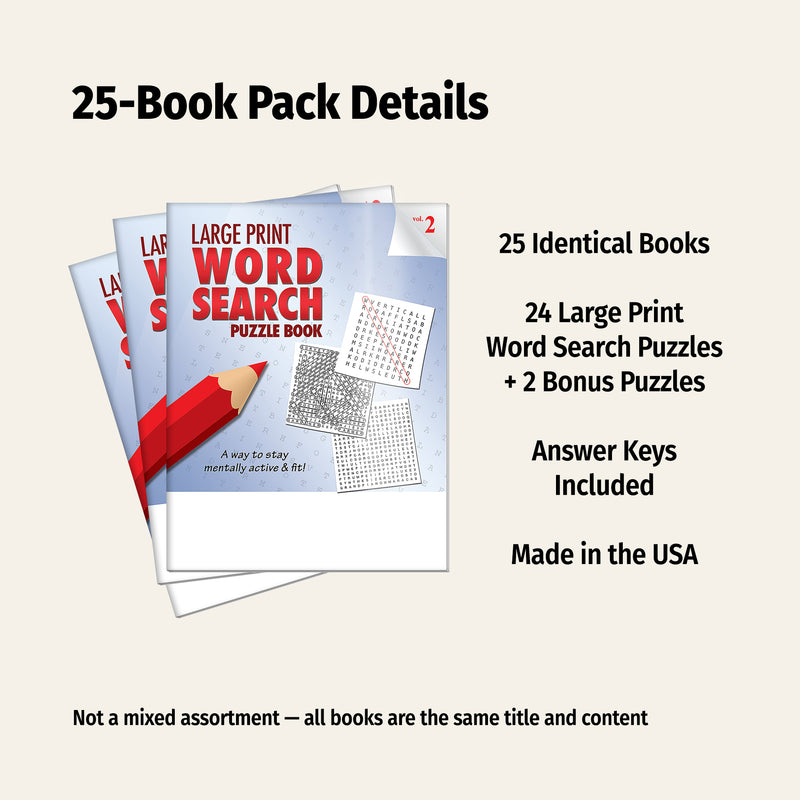 25-book pack of large print word search puzzle books with a pencil on a white background