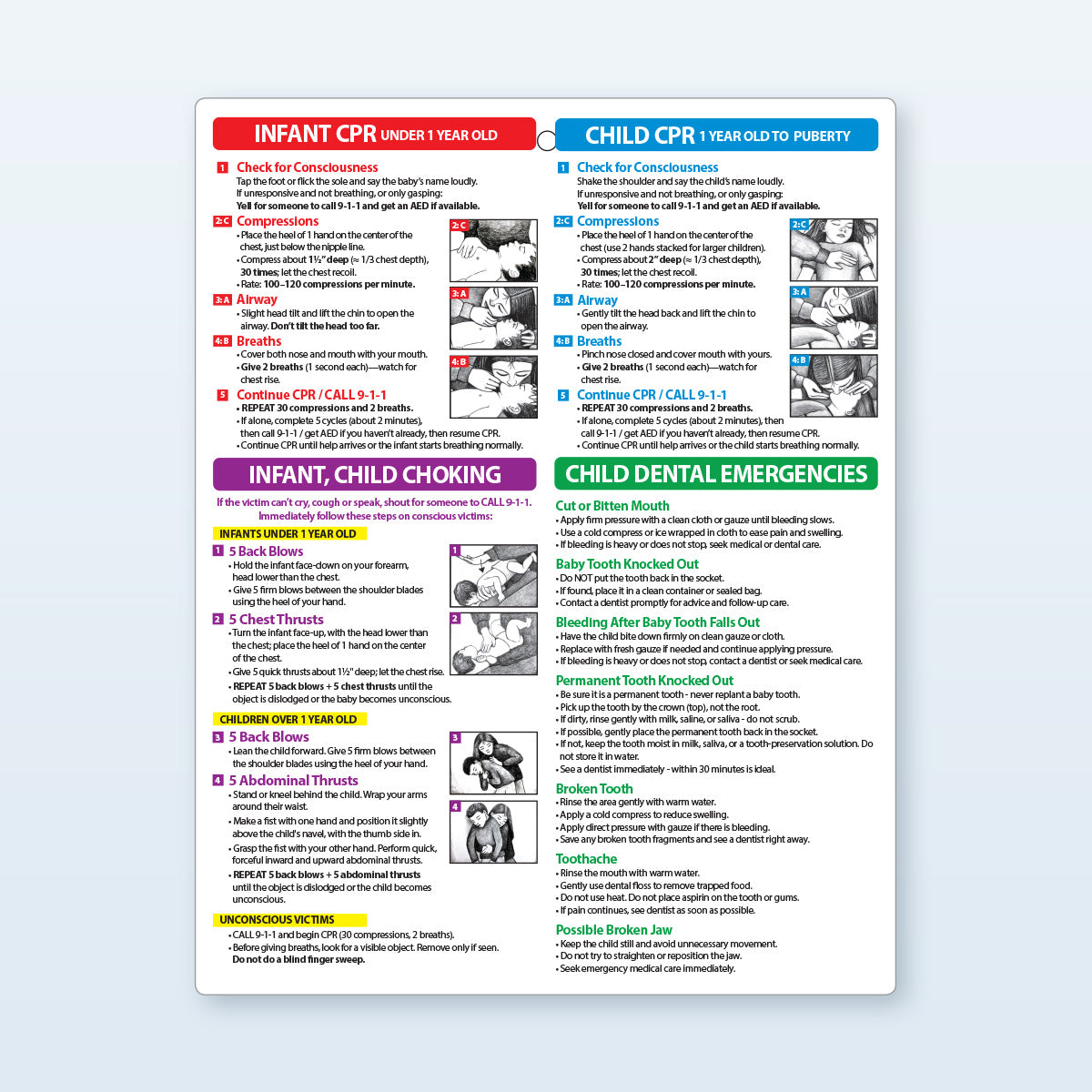 A CPR and choking emergency quick reference card with color-coded sections for Infant CPR, Child CPR, Infant/Child Choking, and Child Dental Emergencies