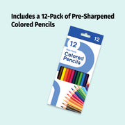 12-pack of pre-sharpened colored pencils packaging on a light blue background