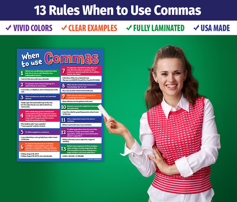 When to Use Commas - Language Arts Poster - 17"x22" - Laminated