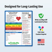 Informational magnet about managing blood pressure and warning signs for heart attacks and strokes with customizable branding area.
