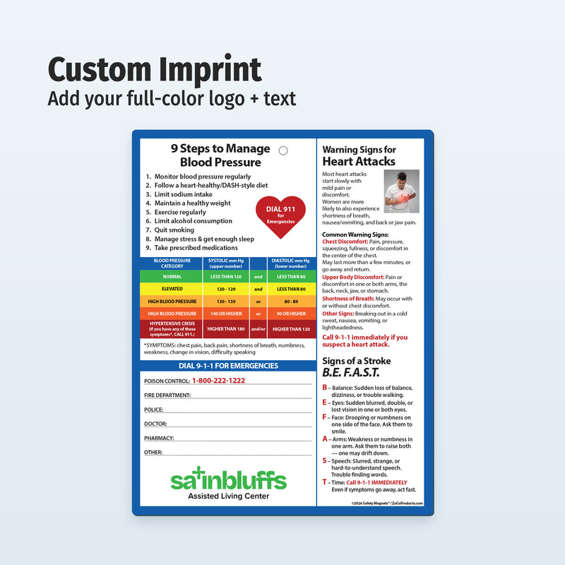 Informational magnet about managing blood pressure and warning signs for heart attacks and strokes with customizable branding area.