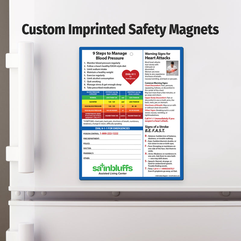 Safety magnet on a refrigerator door with health information