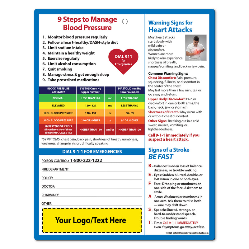 Blood Pressure + Heart Attack & Stroke Warning Signs – Custom Laminated Cards – 8.5 x 11 – Minimum 100
