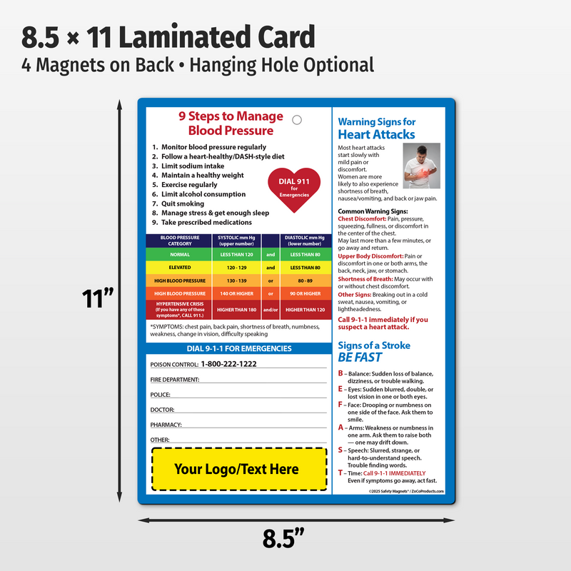 Blood Pressure + Heart Attack & Stroke Warning Signs – Custom Laminated Cards – 8.5 x 11 – Minimum 100