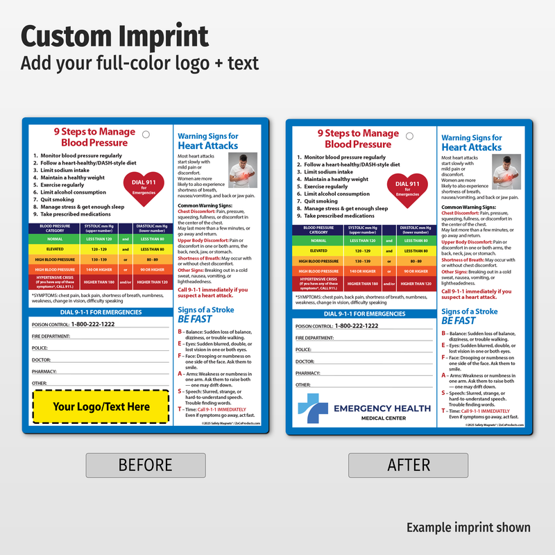 Blood Pressure + Heart Attack & Stroke Warning Signs – Custom Laminated Cards – 8.5 x 11 – Minimum 100