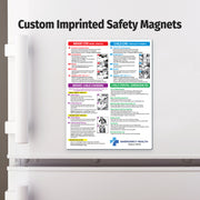 Custom imprinted safety magnet on a refrigerator door with Emergency Health branding.
