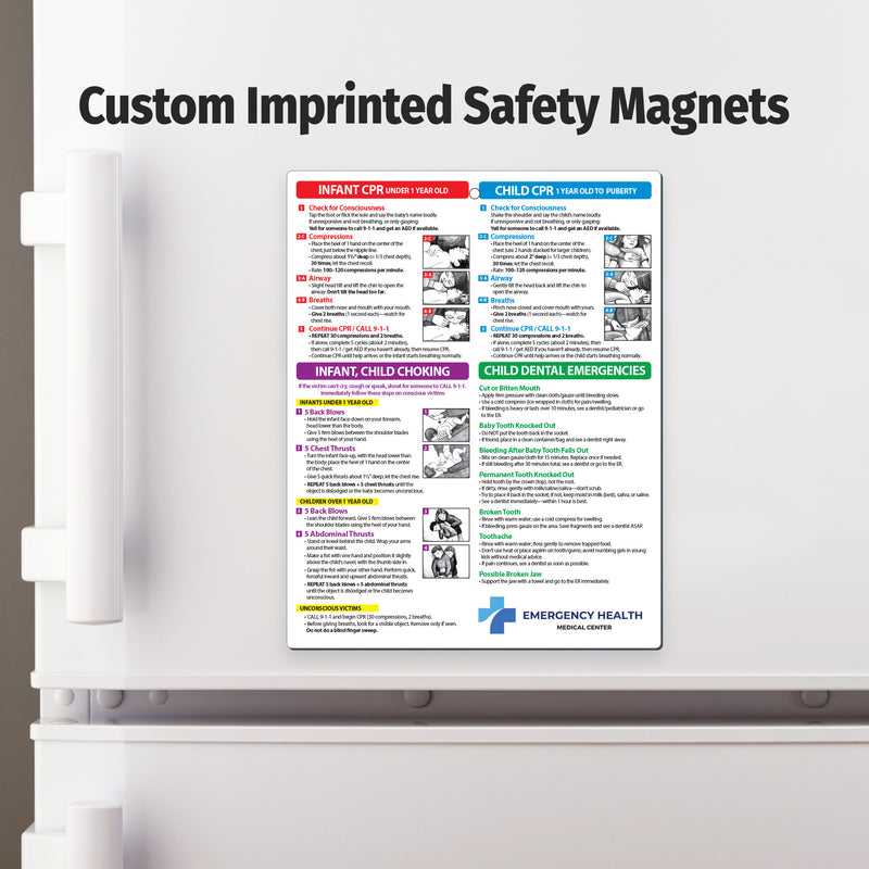 Custom imprinted safety magnet on a refrigerator door with Emergency Health branding.