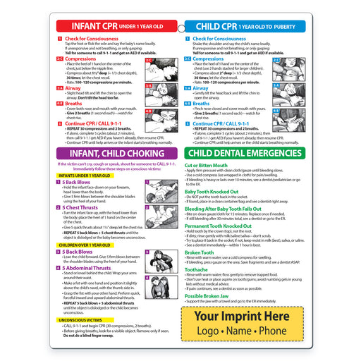 Emergency response guide for infants, children, and dental emergencies with illustrations and text.