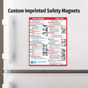 CPR/Choking First Aid magnet on a refrigerator door with 'Custom Imprinted Safety Magnets' text above.