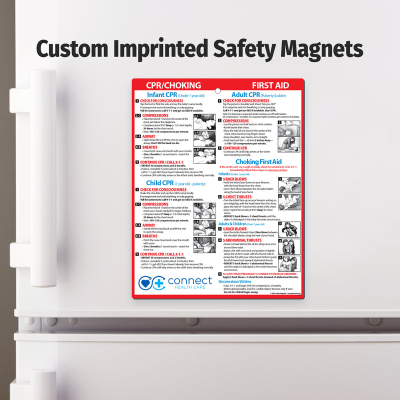CPR/Choking First Aid magnet on a refrigerator door with 'Custom Imprinted Safety Magnets' text above.