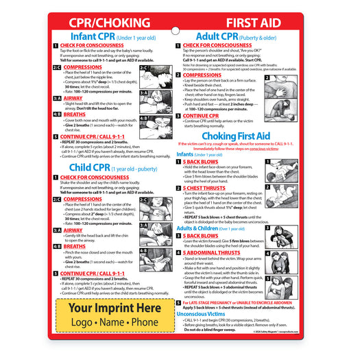 First aid chart for CPR/Choking with instructions for infants, children, and adults on a white background.