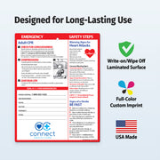 Emergency information card with safety steps and emergency contact details