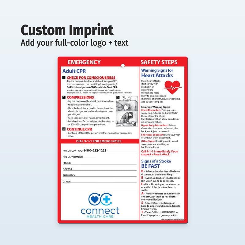 Adult CPR, Heart Attack & Stroke – Custom Laminated Reference Cards with Magnets – 8.5 x 11 – Minimum 100