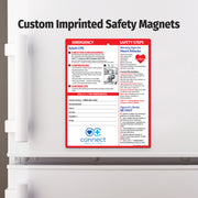 Custom imprinted safety magnet on a refrigerator door 