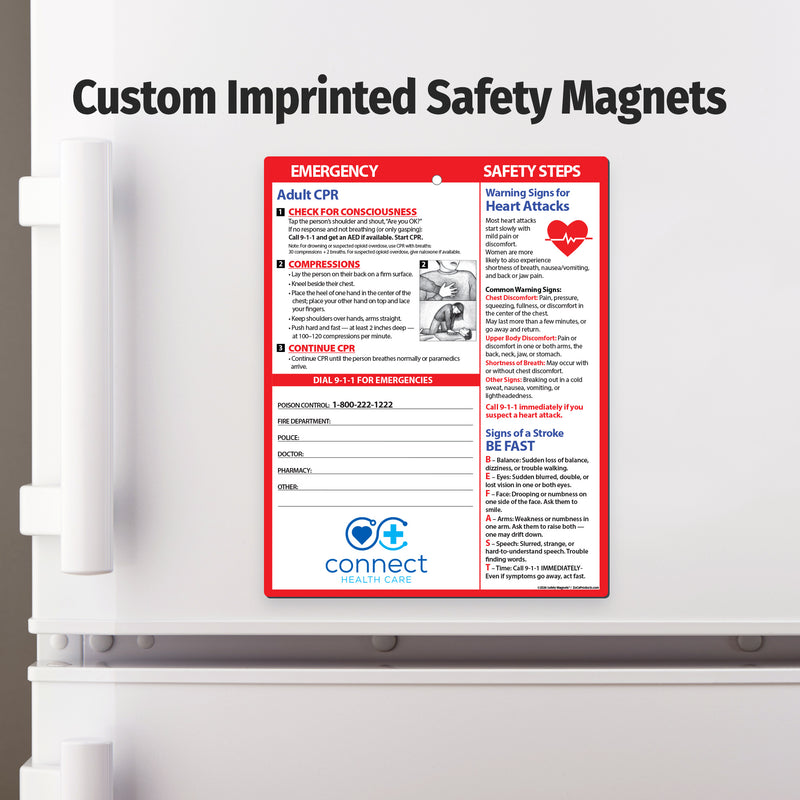 Custom imprinted safety magnet on a refrigerator door 