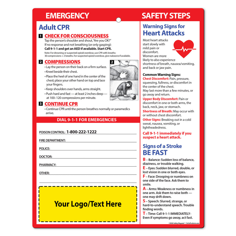 Adult CPR / Heart Attack / Stroke – Custom Laminated Cards – 8.5 x 11 – Minimum 100