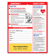 Emergency safety steps card with CPR instructions and heart attack warning signs on a white background