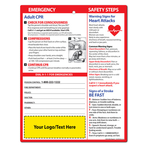 Adult CPR / Heart Attack / Stroke – Custom Laminated Cards – 8.5 x 11 – Minimum 100