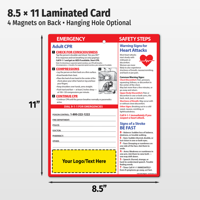 Adult CPR / Heart Attack / Stroke – Custom Laminated Cards – 8.5 x 11 – Minimum 100