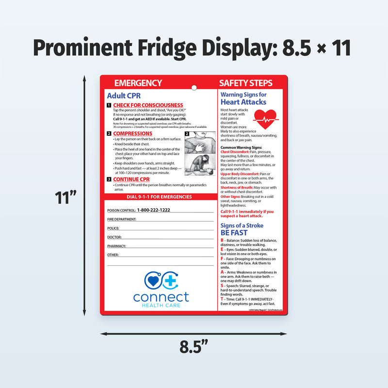 Fridge display with emergency and safety information, dimensions 8.5 x 11 inches