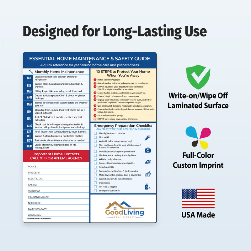Home safety reference card with emergency preparation checklist and homeowner tips