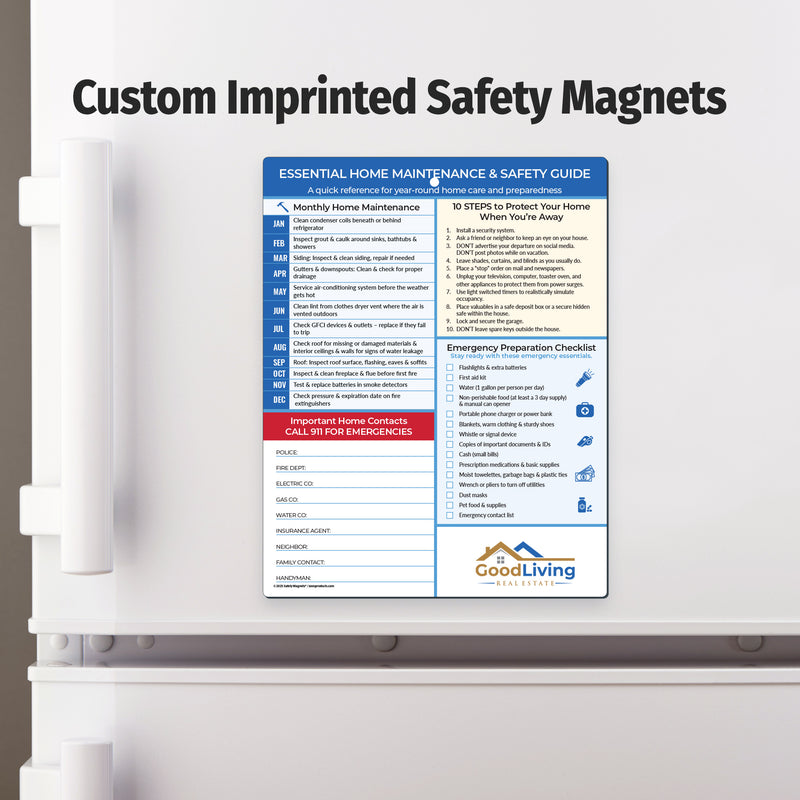 Custom imprinted safety magnet on a refrigerator