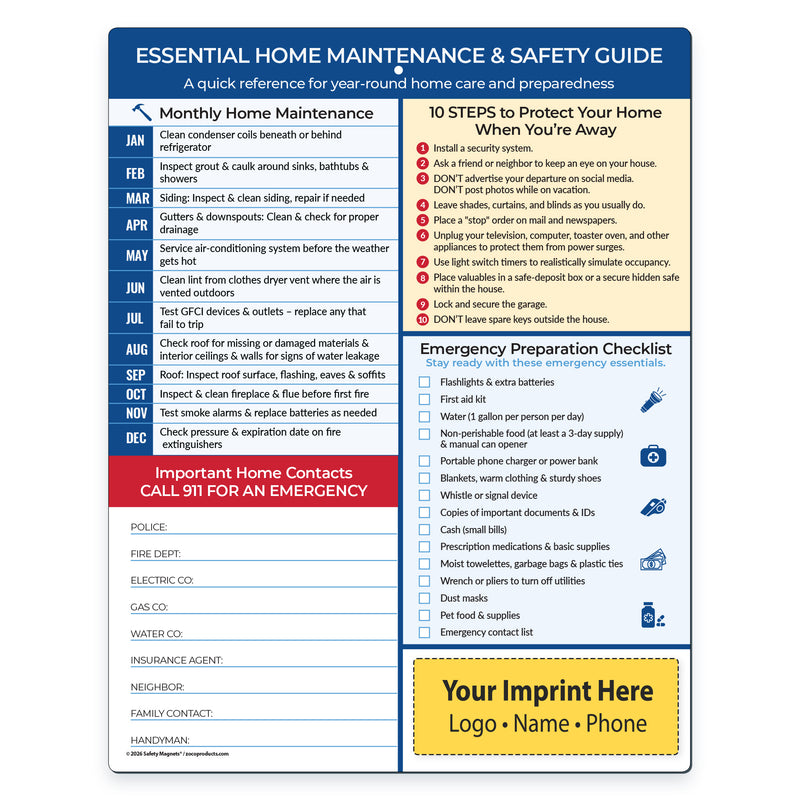 Home maintenance and safety quick reference card with monthly checklist