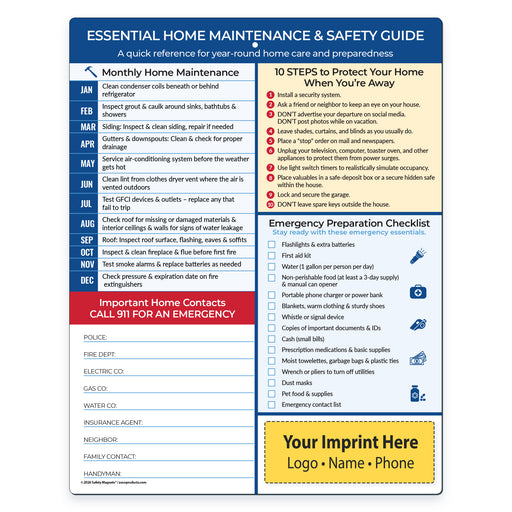 Home maintenance and safety quick reference card with monthly checklist