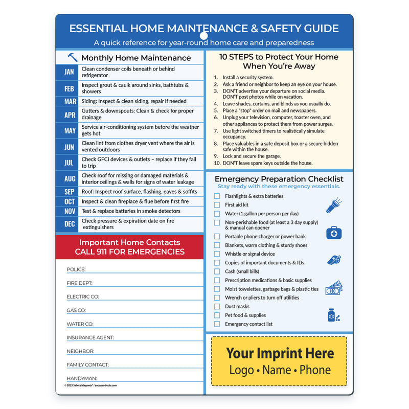 Home maintenance and safety guide with checklists and contact information on a white background