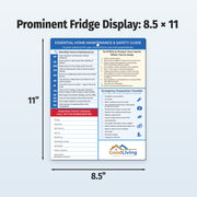 Home maintenance and safety guide on a refrigerator display with dimensions 8.5 x 11 inches.