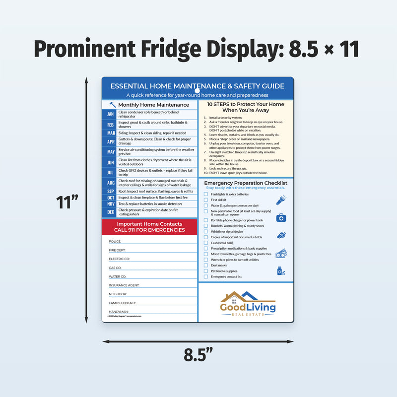 Home maintenance and safety guide on a refrigerator display with dimensions 8.5 x 11 inches.