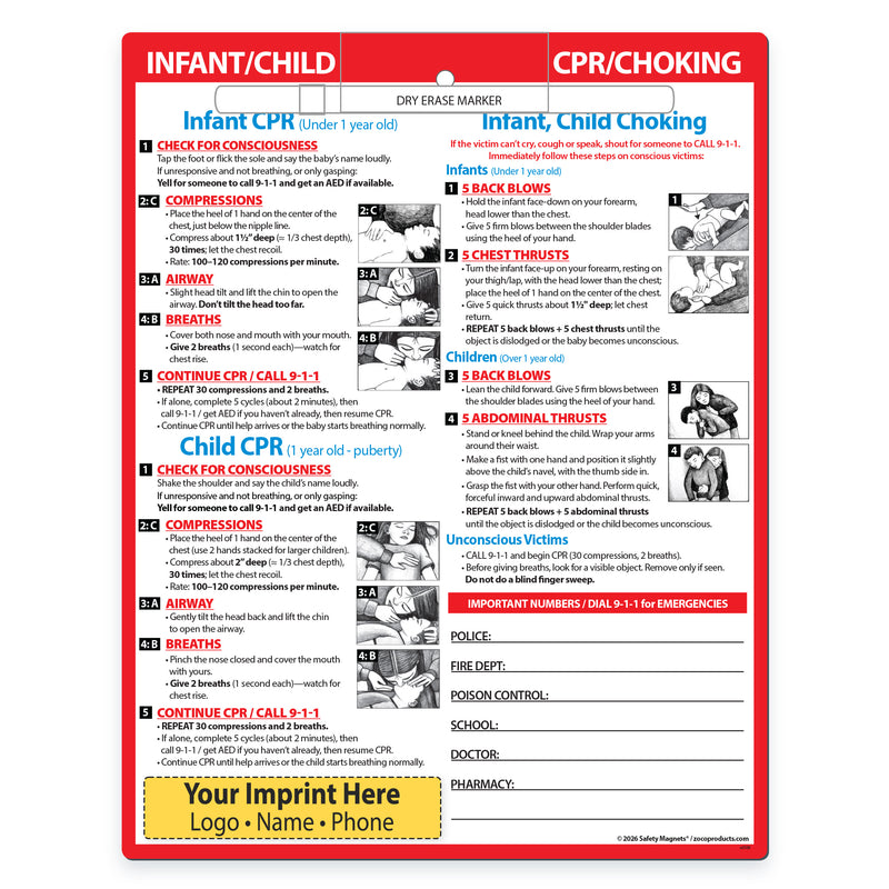 CPR and Choking Response Guide for Infants and Children with customizable text area at the bottom.