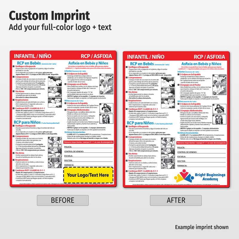 CPR & Choking (Infants & Children) (Spanish) – Custom Laminated Cards – 8.5 x 11 – Minimum 100