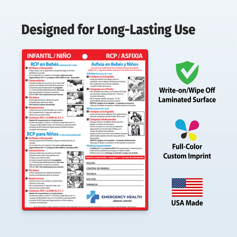 Emergency health information magnet with text and graphics on a white background